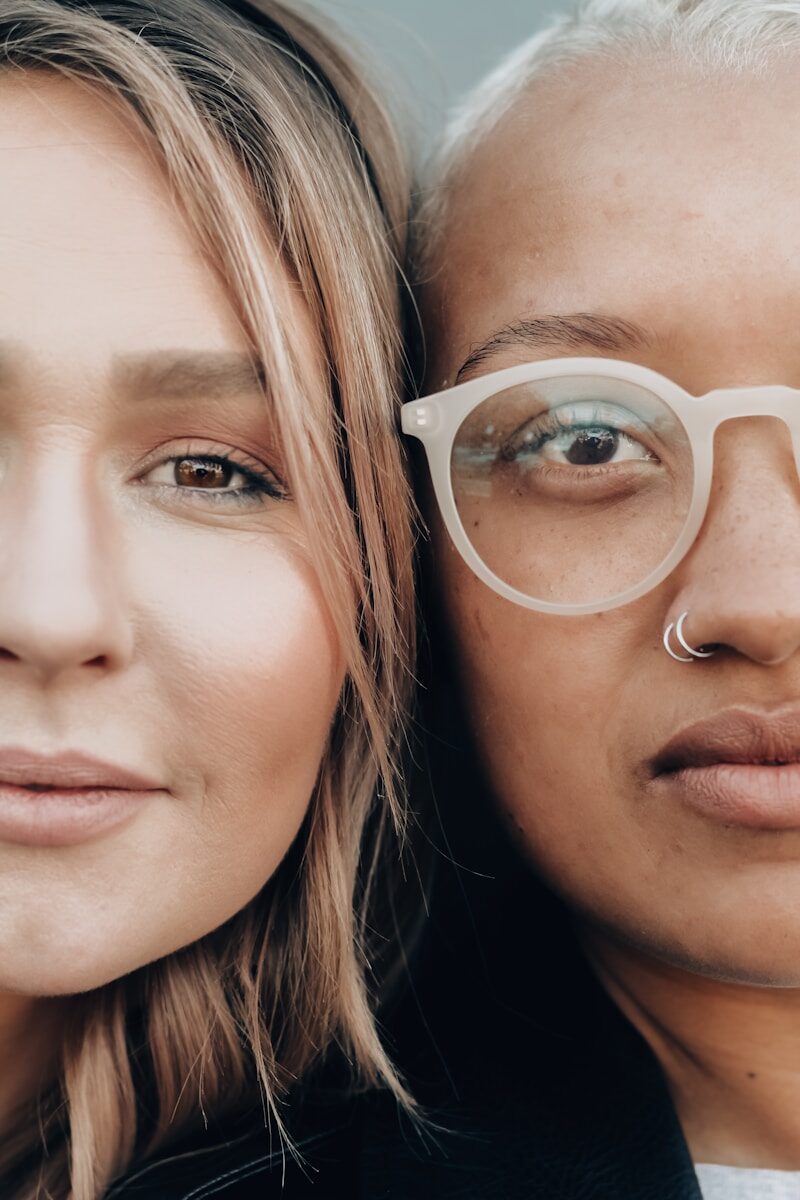 wearing white framed eyeglasses